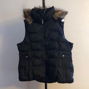 Puffer vest with detachable faux fur trimmed hood